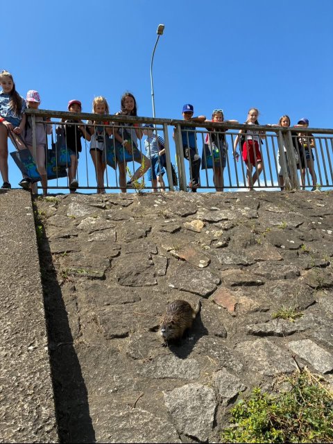Children smiling behind a wild beaver