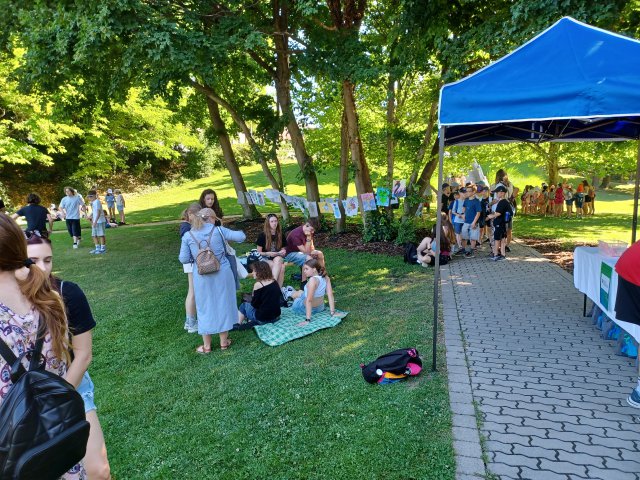 Many people gathered outside on grass.